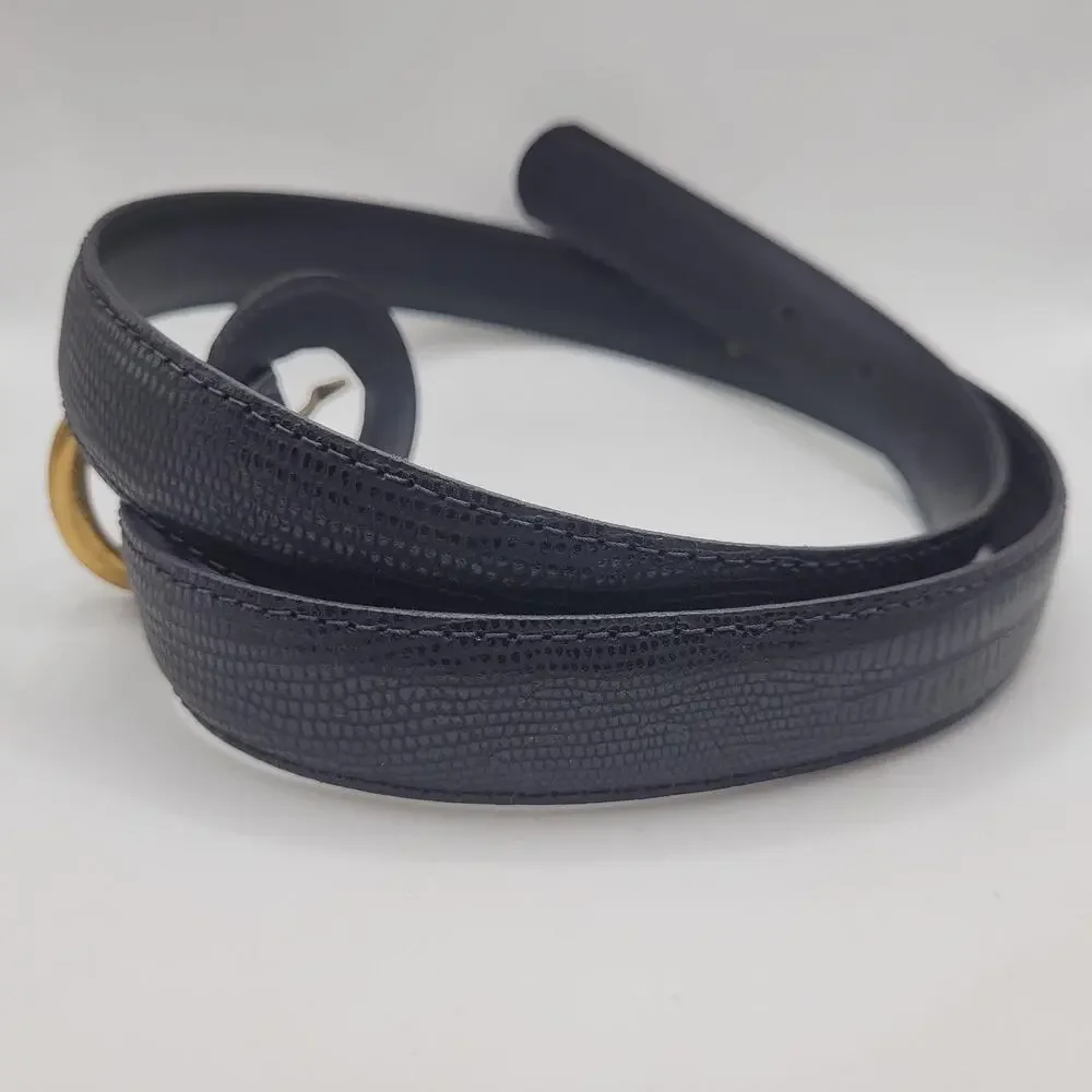 VTG Leather Shop Belt Lg Black Leather Lizard Embossed Round Buckle 80s Retro